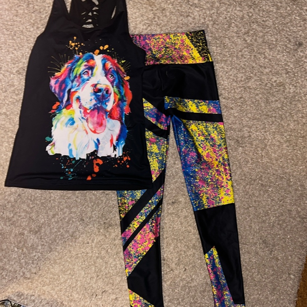 NWOT Set Of Multicoloured Paint Splatter Dog Leggings and Tank Top